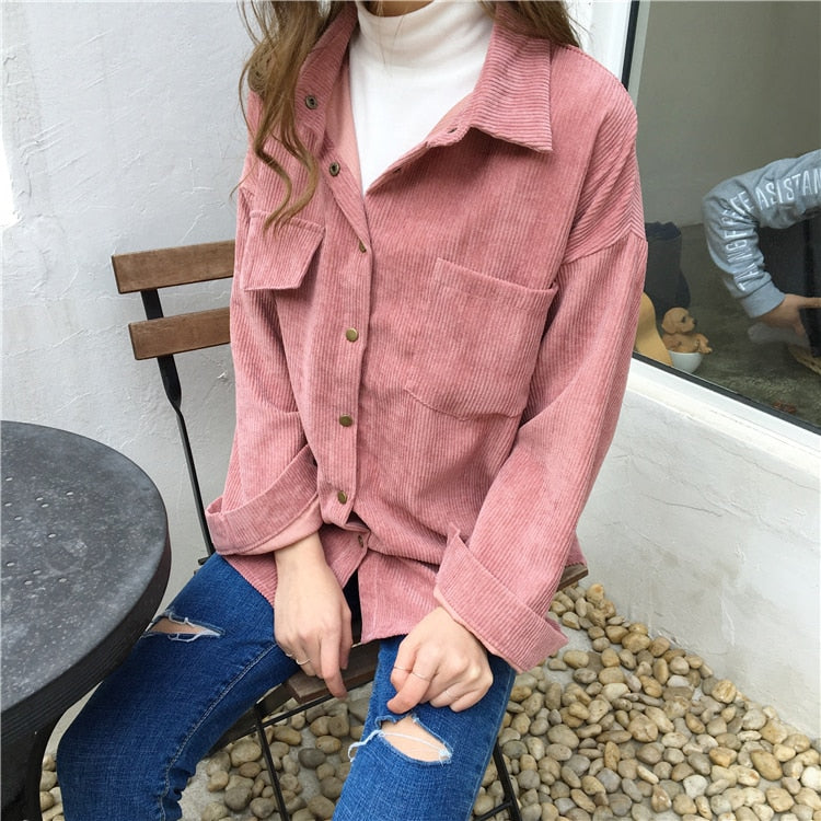 Cozy Loose Solid Long Sleeve Corduroy Top for Y2K Aesthetic and Grunge Style Outfits