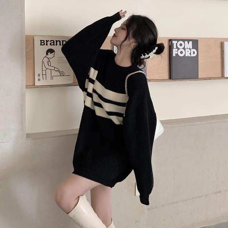 Cozy Loose Striped Knitted Sweater for Y2K Aesthetic and Grunge Style Outfits