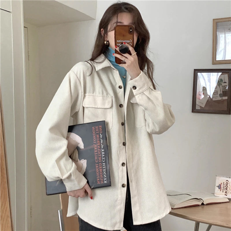 Cozy Loose Turn Down Collar Corduroy Jacket for Y2K Aesthetic Outfits