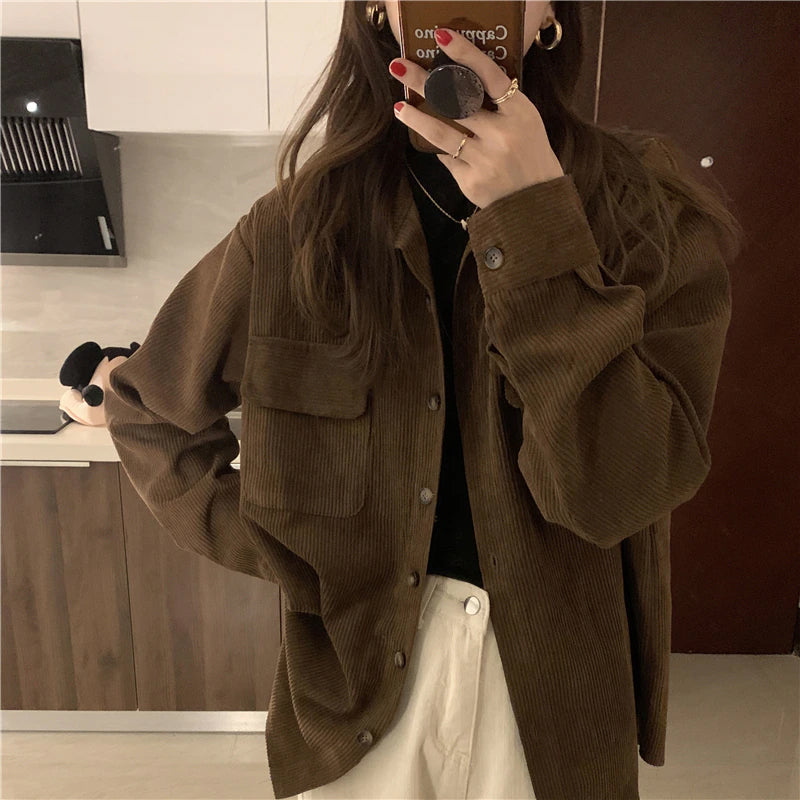 Cozy Loose Turn Down Collar Corduroy Jacket for Y2K Aesthetic Outfits