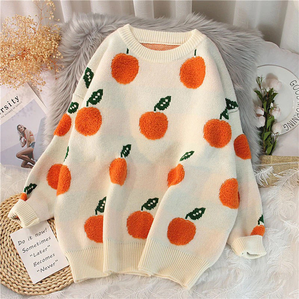 Cozy Oversized Orange Fruit Embroidered Sweater for Y2K Aesthetic Outfits