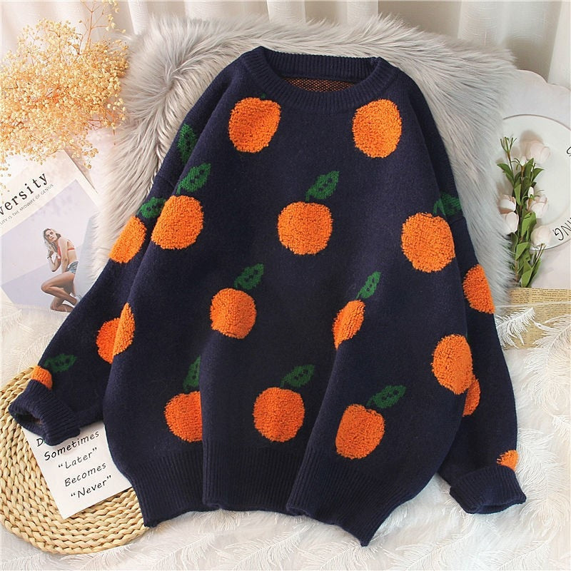 Cozy Oversized Orange Fruit Embroidered Sweater for Y2K Aesthetic Outfits