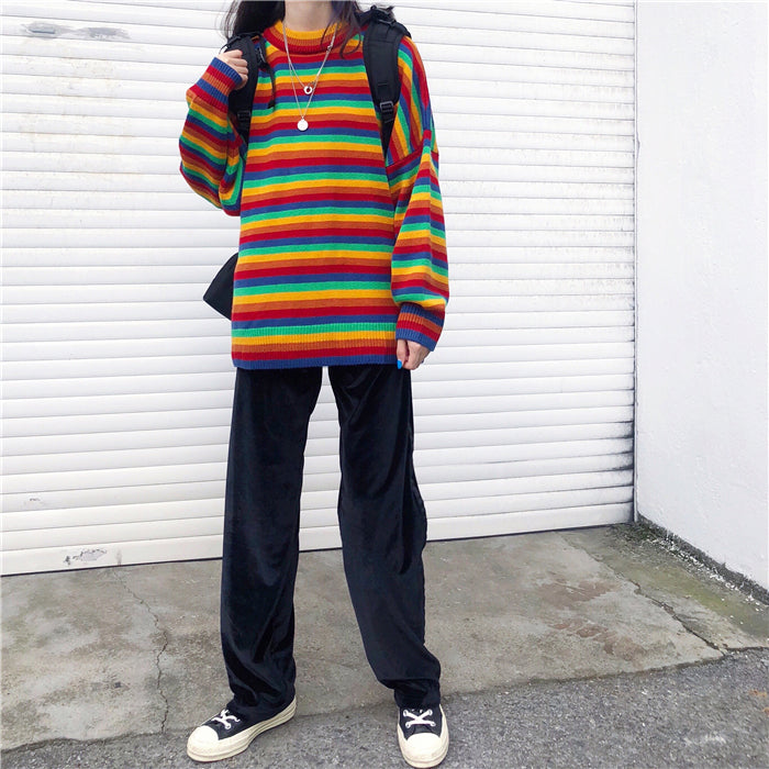 Cozy Rainbow Stripe Knitted Sweater for Y2K Aesthetic and Cute Outfits