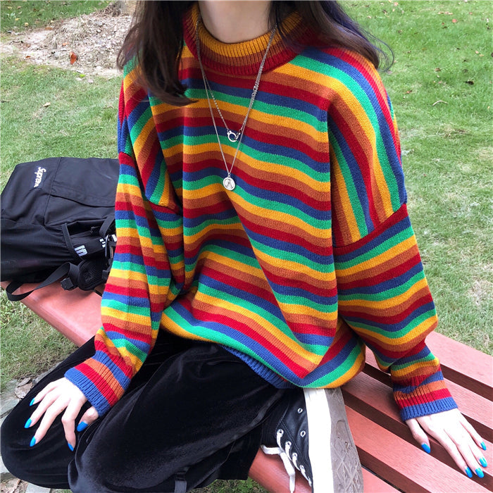 Cozy Rainbow Stripe Knitted Sweater for Y2K Aesthetic and Cute Outfits