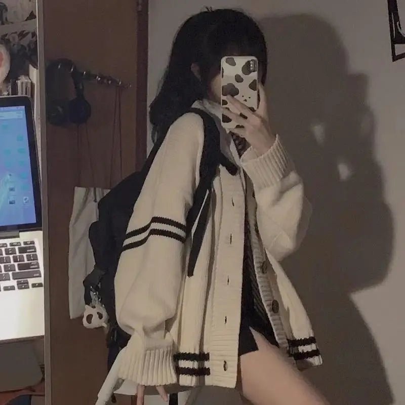 Cozy Striped Loose Cardigan for Y2K Aesthetic and Grunge Style Outfits