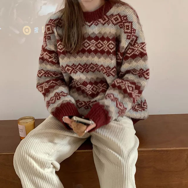 Cozy Vintage-Inspired Knitted Christmas Sweater for Y2K Aesthetic Fashion Lovers