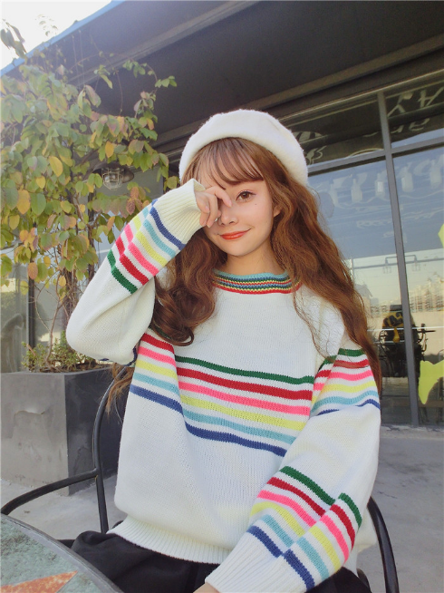 Cozy Y2K Rainbow Stripe Oversized Sweater for Cute Aesthetic Outfits