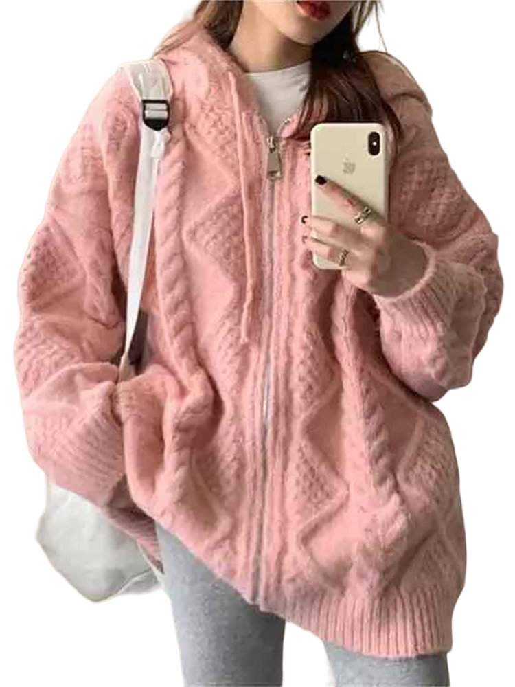 Cozy Y2K Style Zippered Hooded Knit Cardigan for Comfy Aesthetic Outfits