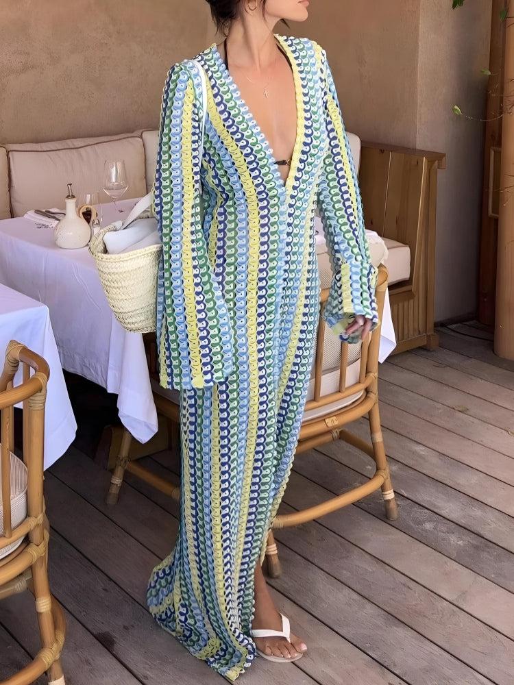 Crochet Striped Plunge Neck Maxi Dress - Y2K Aesthetic Boho Style for Effortless Chic