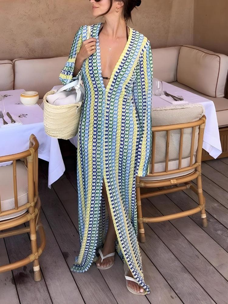 Crochet Striped Plunge Neck Maxi Dress - Y2K Aesthetic Boho Style for Effortless Chic