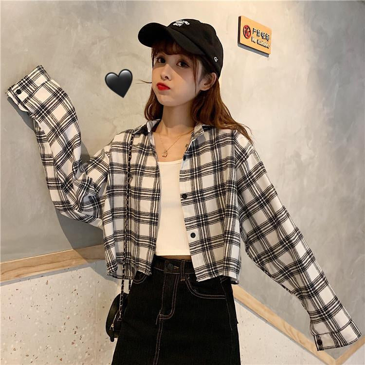 Cropped Long Sleeve Cute Plaid Shirt - Y2K Aesthetic Top for Stylish Outfits