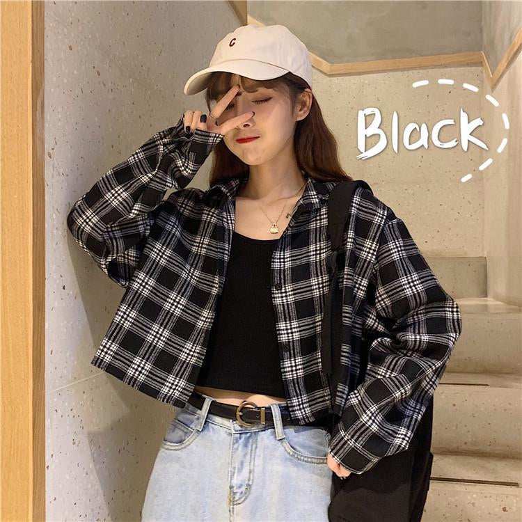 Cropped Long Sleeve Cute Plaid Shirt - Y2K Aesthetic Top for Stylish Outfits