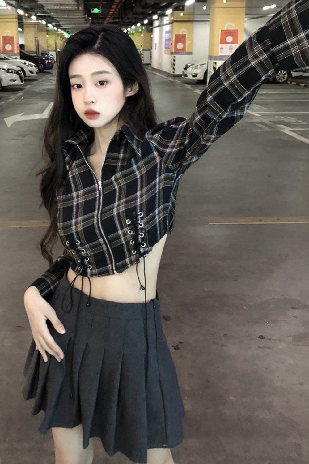 Cropped Long Sleeve Zip-Up Plaid Shirt for Y2K Aesthetic and Coquette Style Outfits