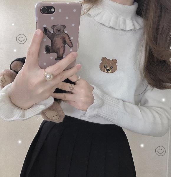 Cute Bear Embroidered Ruffled Turtleneck Sweater in Y2K Aesthetic Style