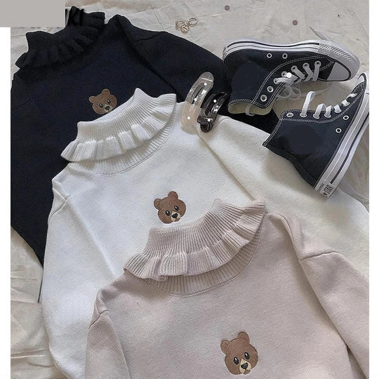 Cute Bear Embroidered Ruffled Turtleneck Sweater in Y2K Aesthetic Style