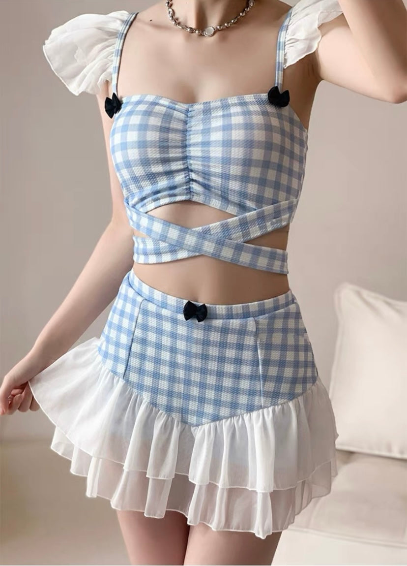 Cute Blue Gingham Ruffle Two-Piece Y2K Swimsuit Set with Skirt for Kawaii Aesthetic