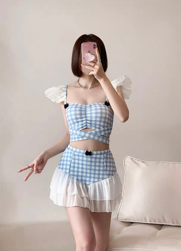 Cute Blue Gingham Ruffle Two-Piece Y2K Swimsuit Set with Skirt for Kawaii Aesthetic