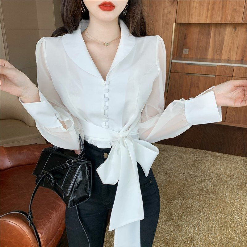 Cute Bow Blouse Shirt with Long Sleeve Lapel Collar for Y2K Fashion Aesthetic Outfits