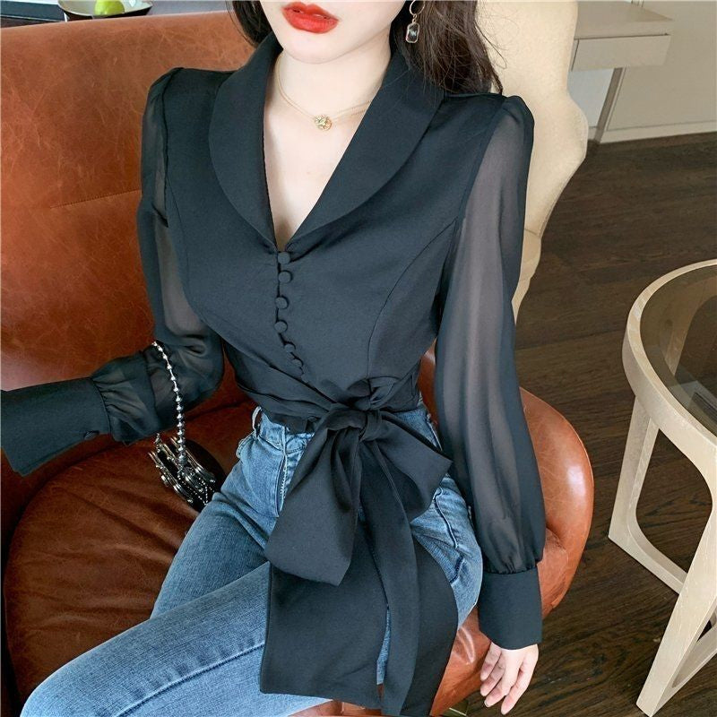 Cute Bow Blouse Shirt with Long Sleeve Lapel Collar for Y2K Fashion Aesthetic Outfits