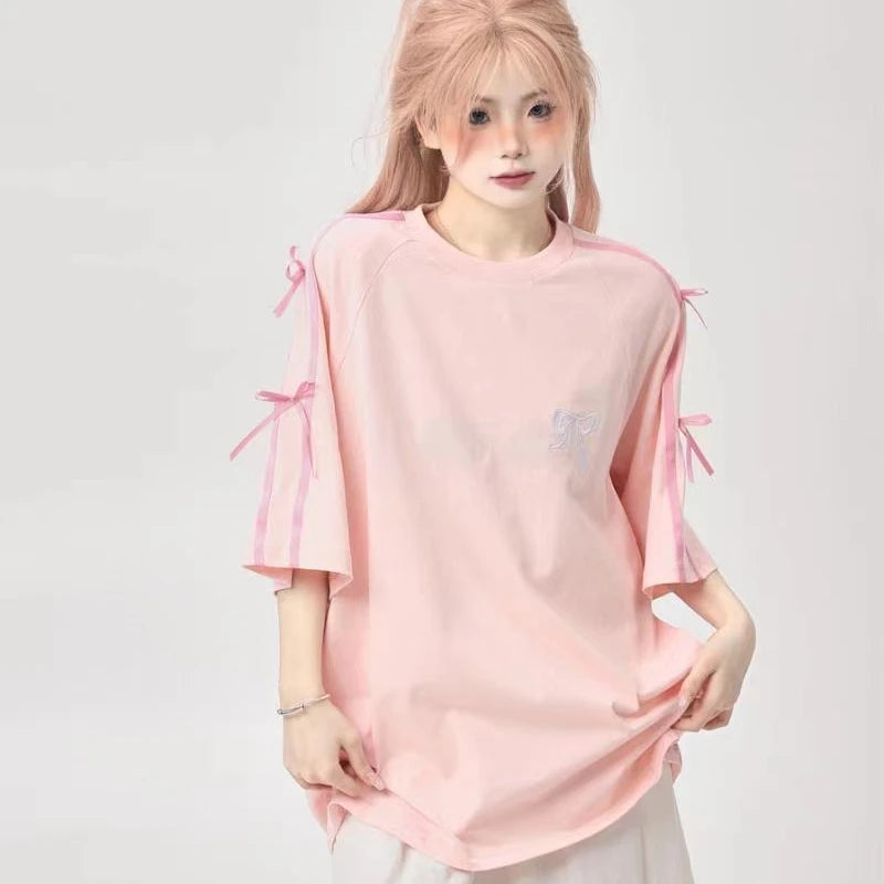 Cute Bow Loose T-Shirt - Y2K Aesthetic Top for Coquette Style and Comfy Outfits