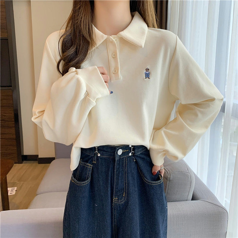 Cute Cartoon Pocket Embroidered Turn Down Collar Sweatshirt in Y2K Aesthetic Style