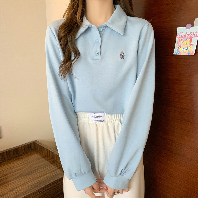 Cute Cartoon Pocket Embroidered Turn Down Collar Sweatshirt in Y2K Aesthetic Style