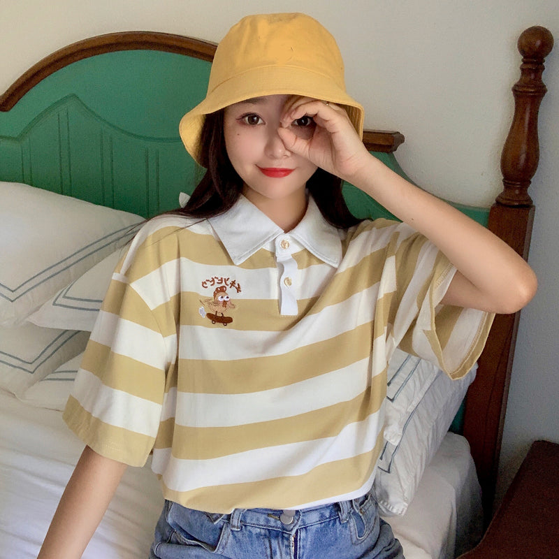 Cute Cartoon Striped Turn Down Collar Shirt - Y2K Aesthetic Cute Top for Trendy Outfits