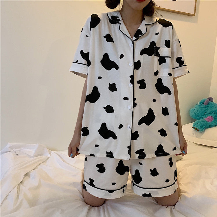 Cute Cow Print Short Sleeve Pajama Set - Y2K Aesthetic 2-Piece Sleepwear Outfit