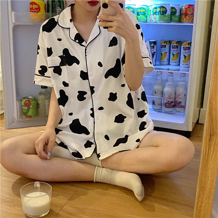 Cute Cow Print Short Sleeve Pajama Set - Y2K Aesthetic 2-Piece Sleepwear Outfit