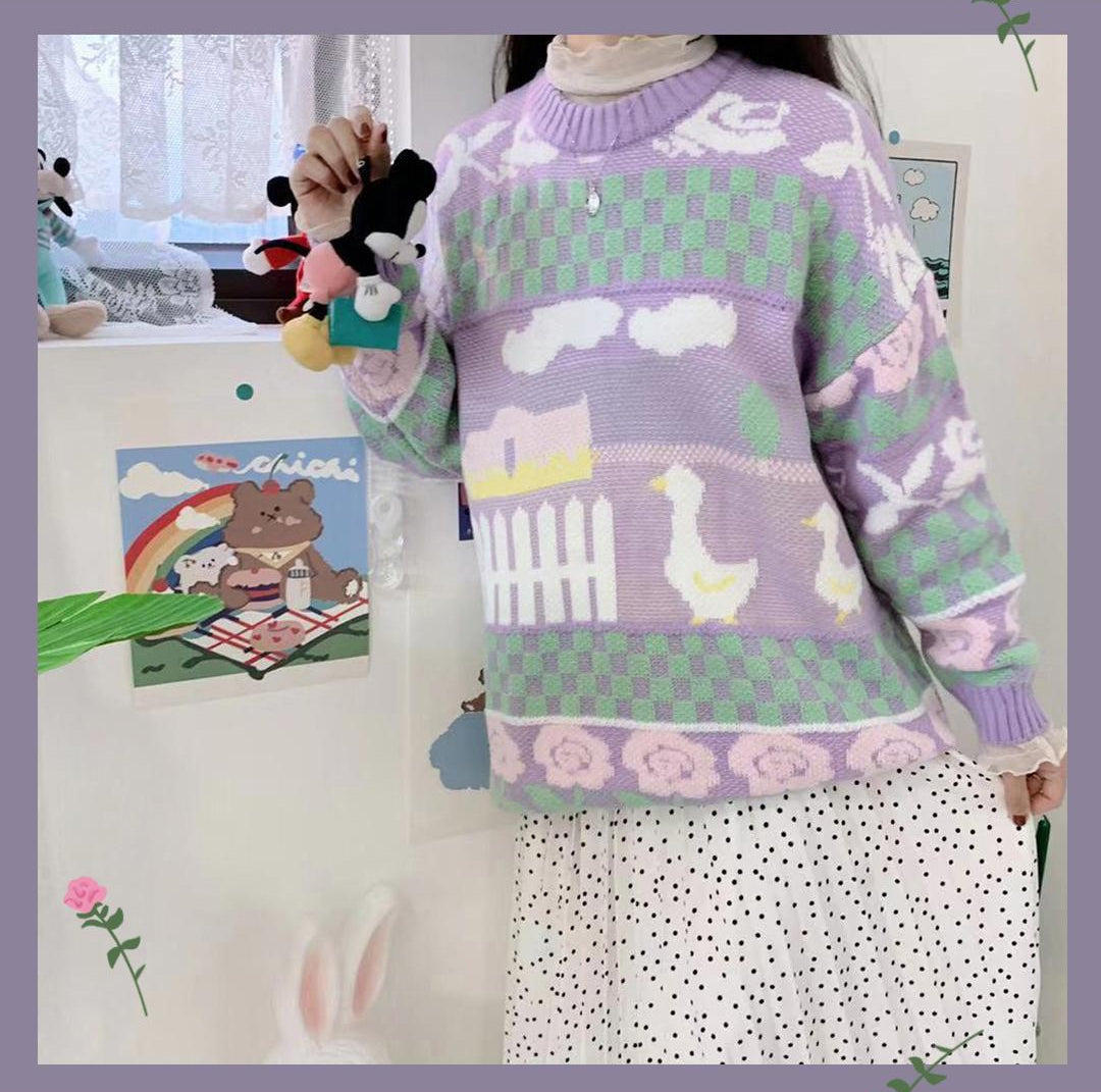 Cute Duck Pattern Pastel Colors Y2K Sweater for Cozy Aesthetic Outfits