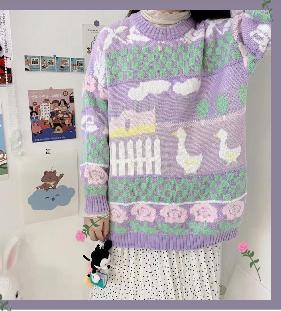 Cute Duck Pattern Pastel Colors Y2K Sweater for Cozy Aesthetic Outfits