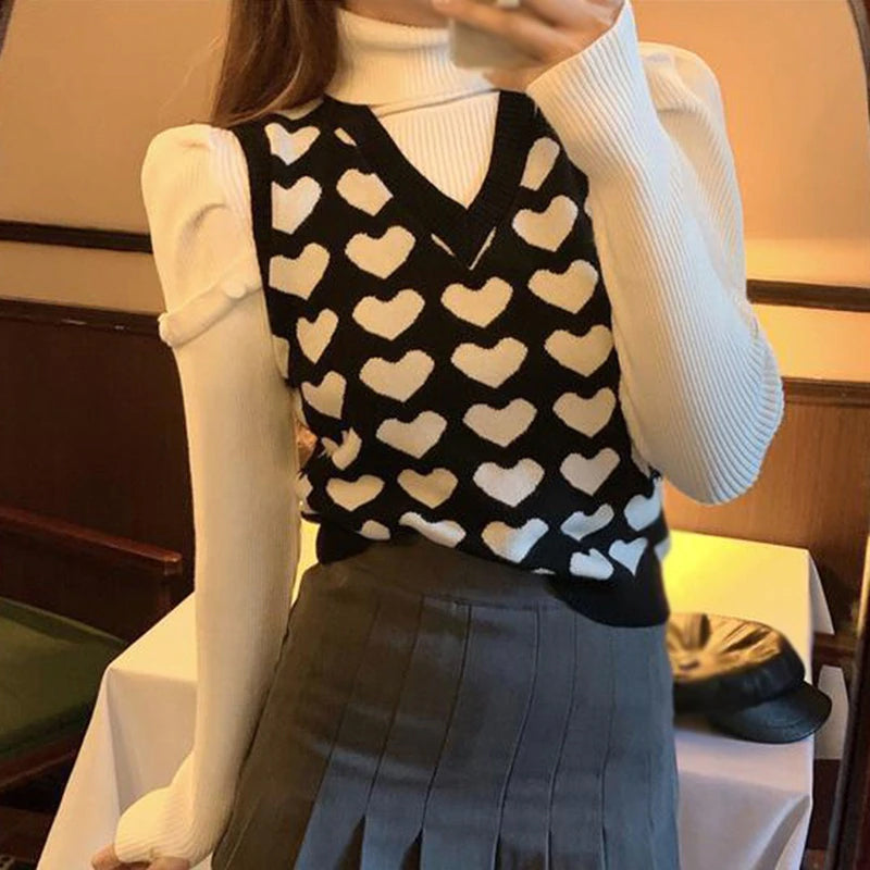 Cute Hearts Pattern Sleeveless Sweater Vest for Y2K Aesthetic and Coquette Style