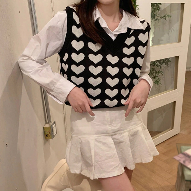 Cute Hearts Pattern Sleeveless Sweater Vest for Y2K Aesthetic and Coquette Style