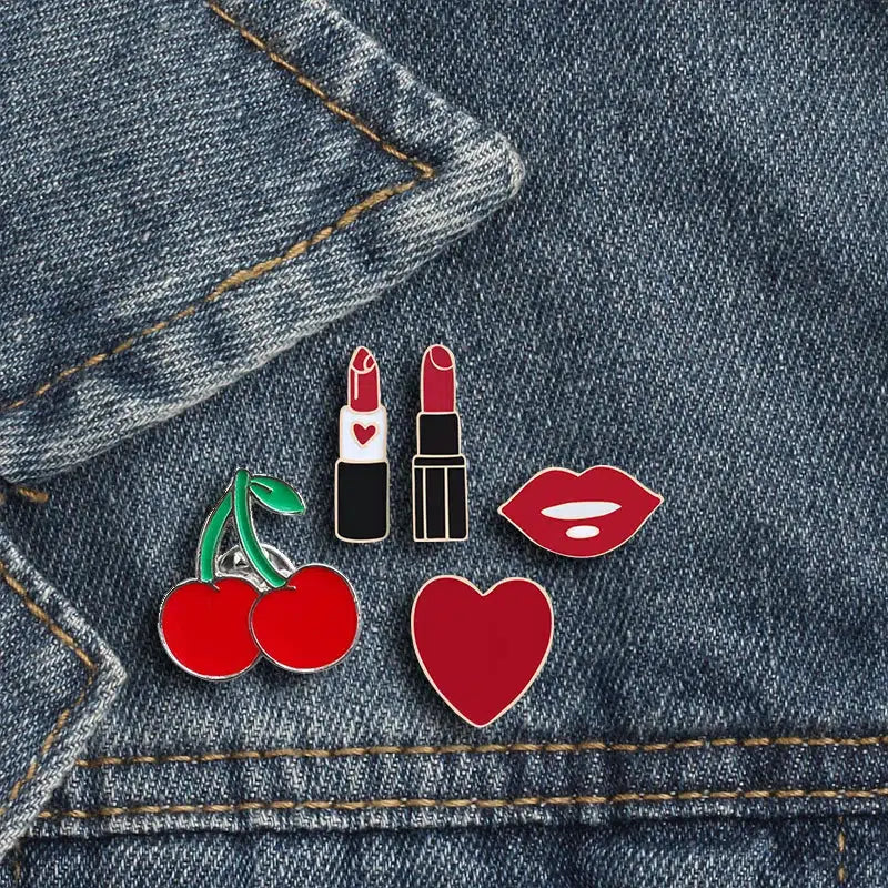 Cute Lipstick Heart Cherry Enamel Pins - Y2K Aesthetic Accessories for Coquette Style