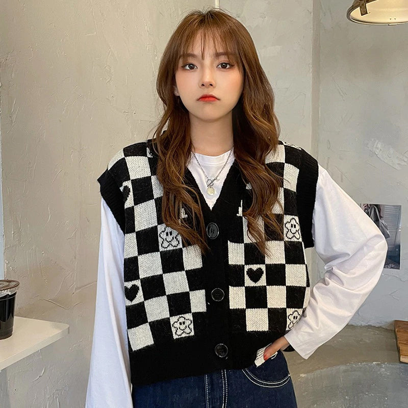 Cute Love Pattern Checkered Sleeveless Sweater Vest for Y2K Aesthetic Outfits