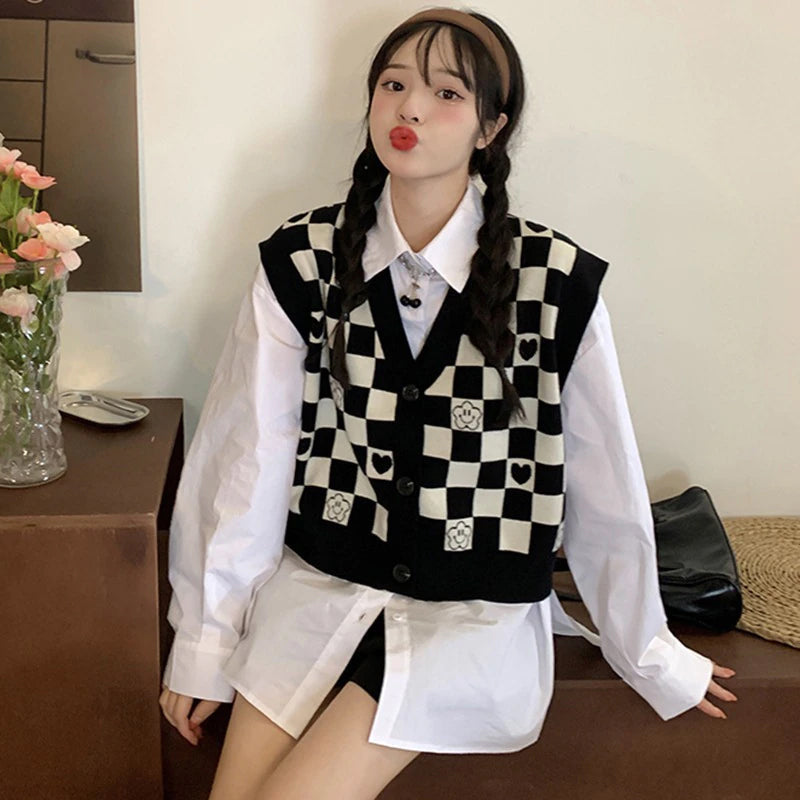 Cute Love Pattern Checkered Sleeveless Sweater Vest for Y2K Aesthetic Outfits