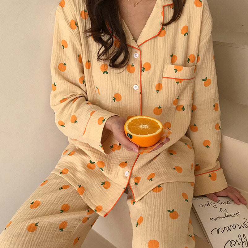 Cute Orange Pattern Printed Y2K Aesthetic 2-Piece Pajama Set for Cozy Nights