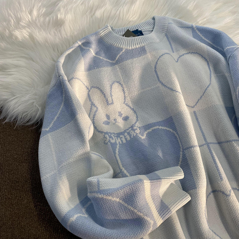 Cute Rabbit Pattern Oversized Knitted Sweater - Y2K Aesthetic Cozy Top for Stylish Outfits