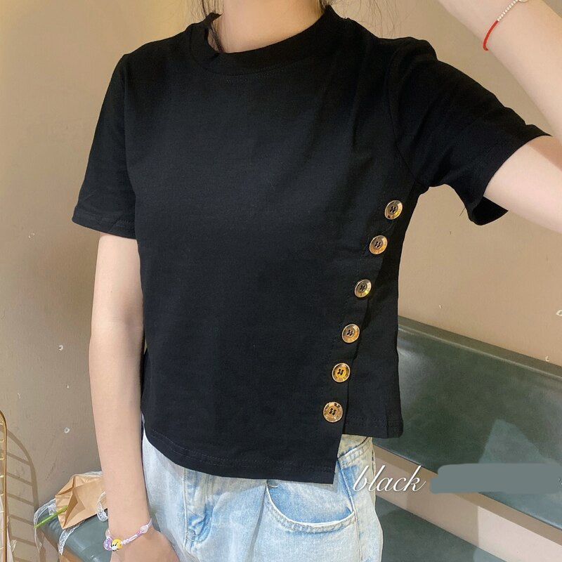 Cute Side Button Slim Fit Short Sleeve Top - Y2K Aesthetic Fashion Essential