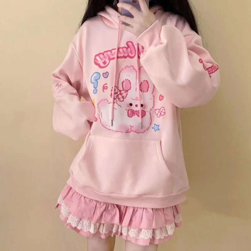 Cute Y2K Pink Hoodie with Adorable Rabbit Print for Cozy Aesthetic Outfits