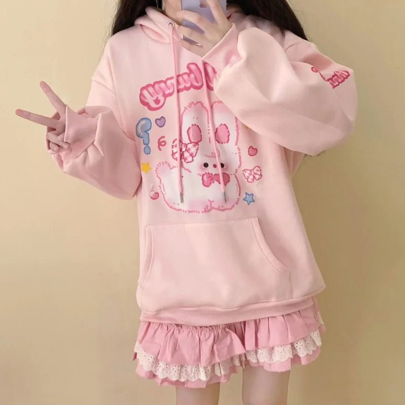 Cute Y2K Pink Hoodie with Adorable Rabbit Print for Cozy Aesthetic Outfits