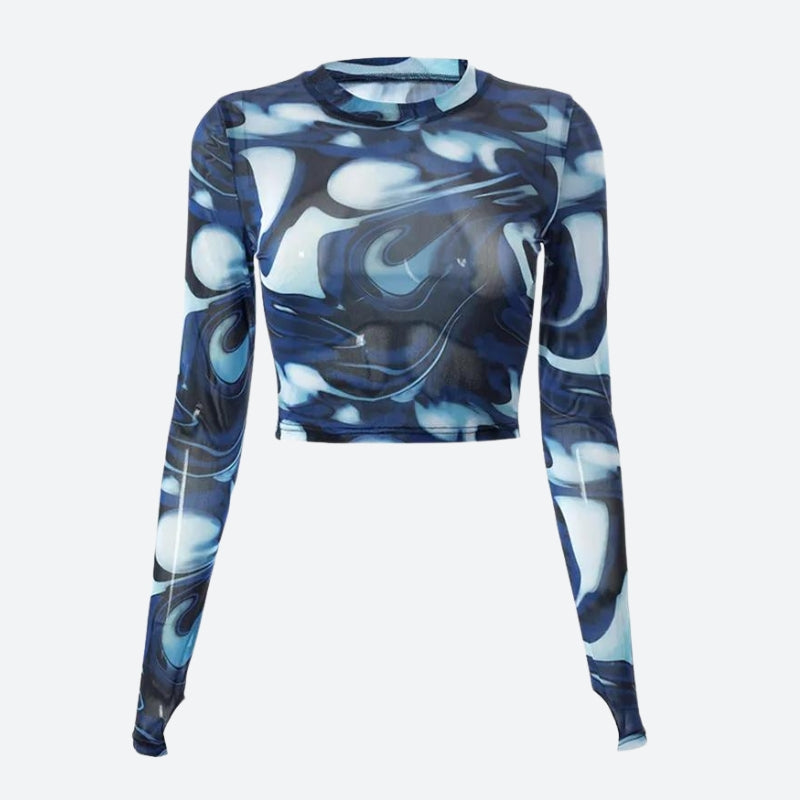 Cyberpunk Blue Aura Sheer Top - Y2K Aesthetic Fashion for Edgy Outfits and Unique Styles