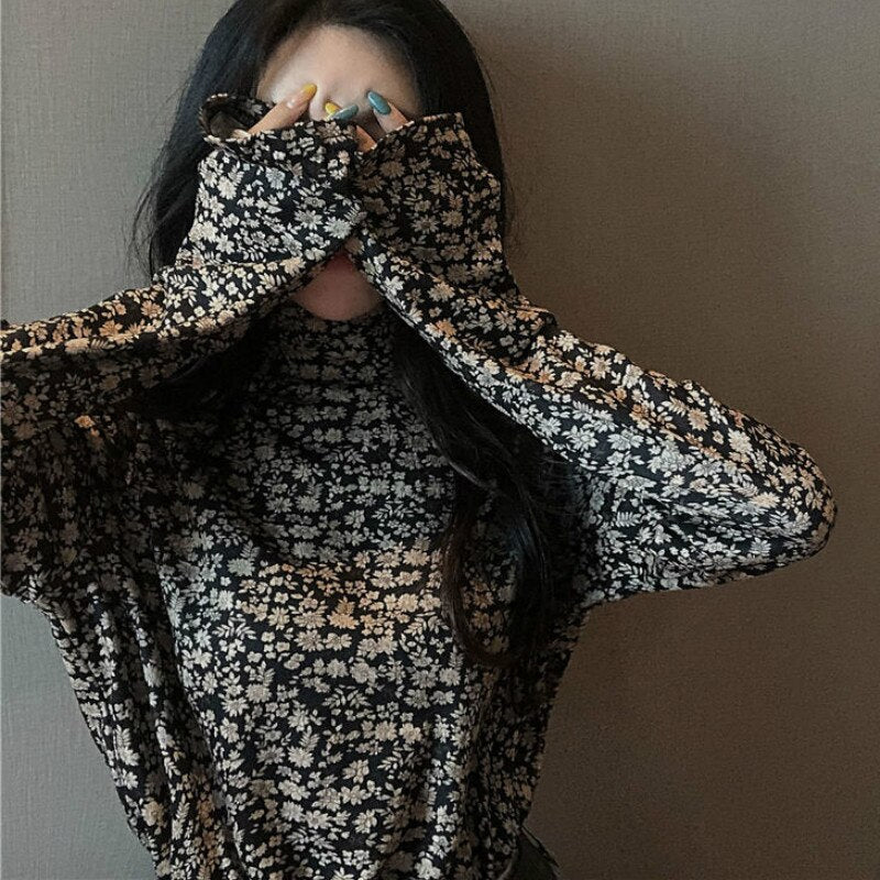 Daisy Floral Print Long Sleeve Turtleneck Top for Y2K Aesthetic Outfits