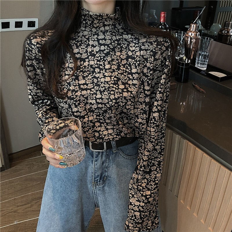 Daisy Floral Print Long Sleeve Turtleneck Top for Y2K Aesthetic Outfits