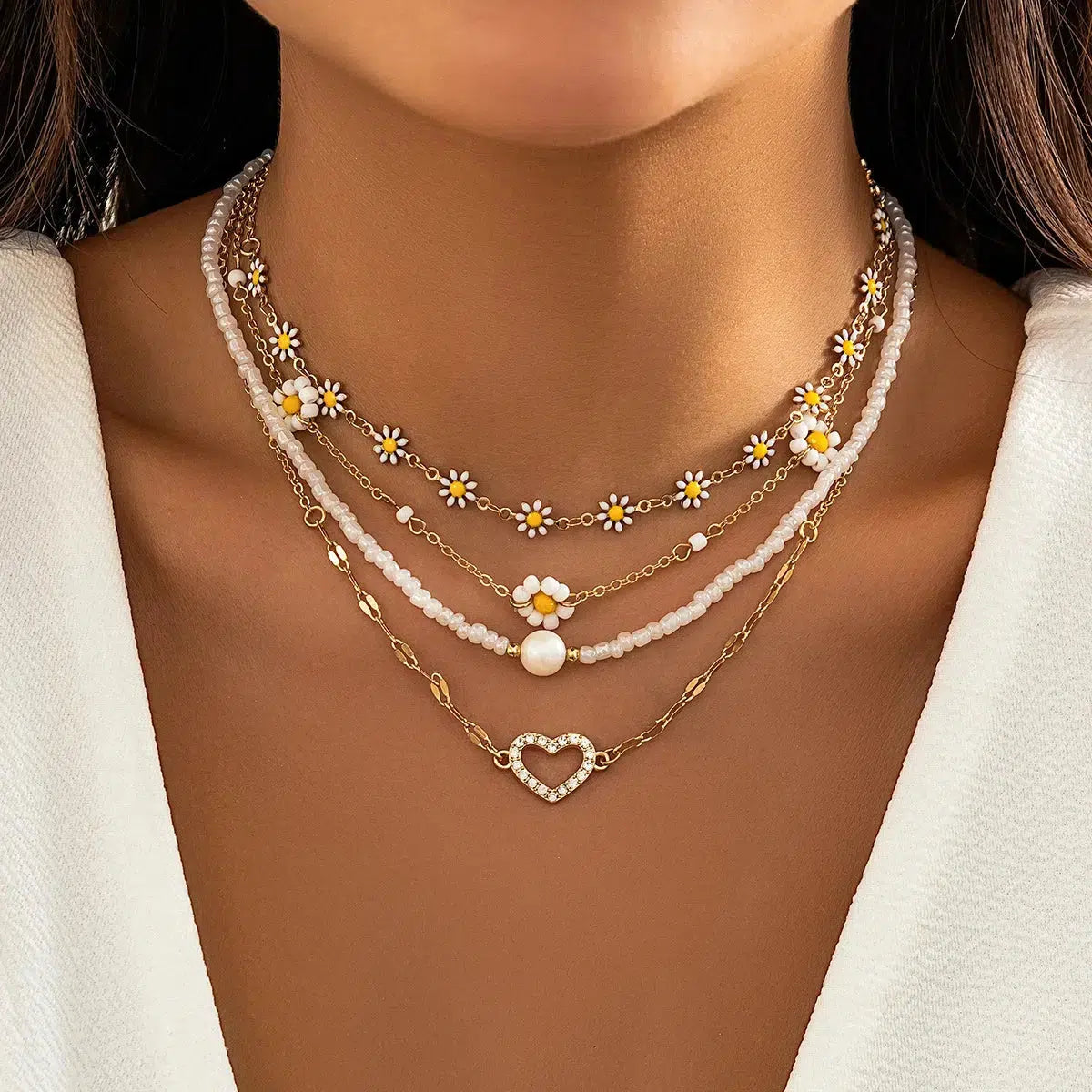 Daisy & Heart Y2K Aesthetic Four-Pack Necklace Set for Cute Coquette Style