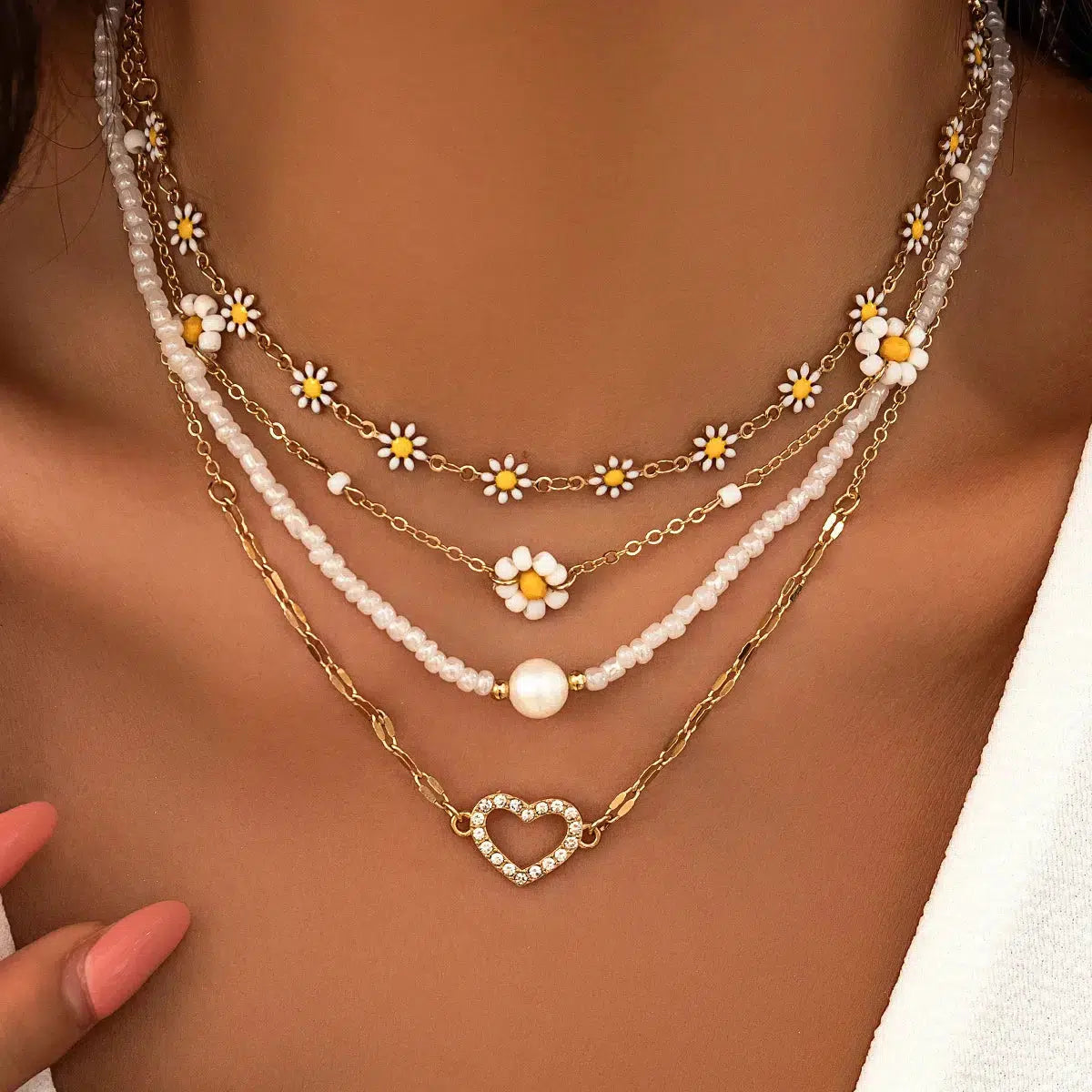 Daisy & Heart Y2K Aesthetic Four-Pack Necklace Set for Cute Coquette Style