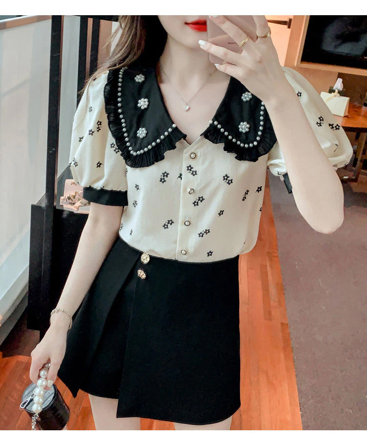 Daisy Pattern Y2K Aesthetic Retro Collar Blouse Shirt for Cute Coquette Outfits