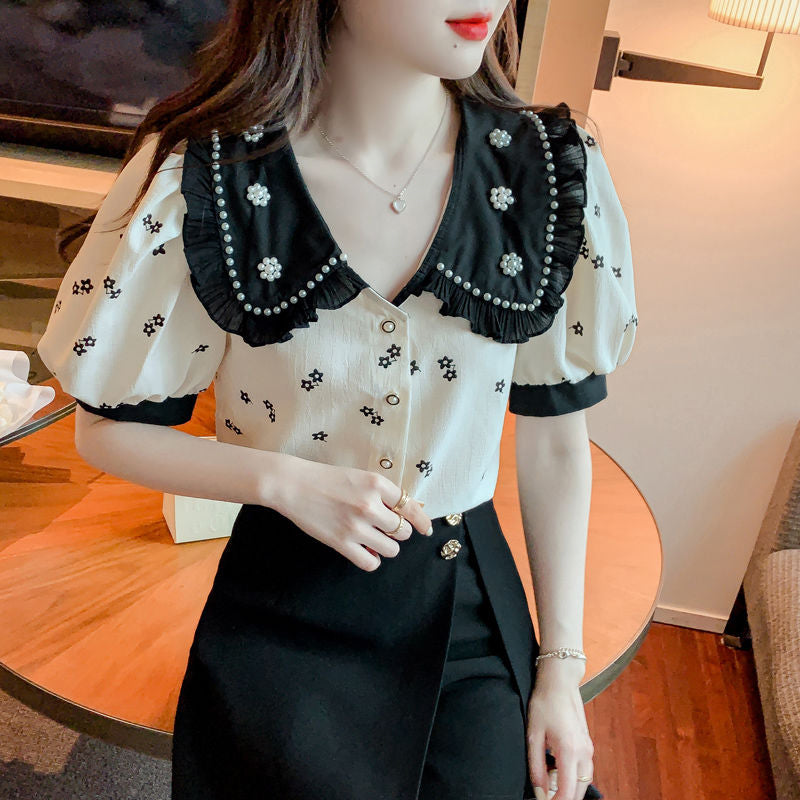 Daisy Pattern Y2K Aesthetic Retro Collar Blouse Shirt for Cute Coquette Outfits