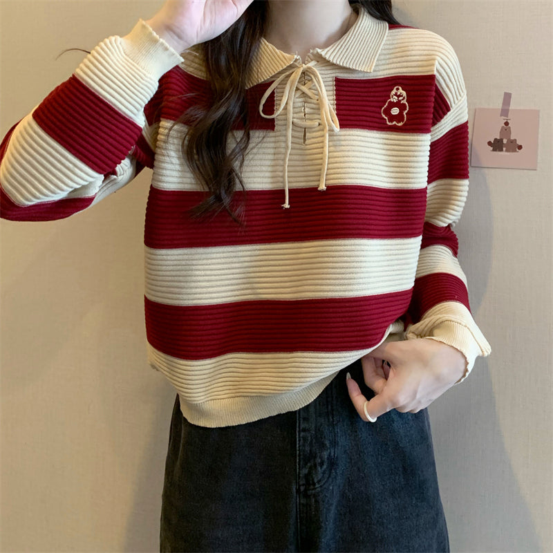 Daisy Pocket Pattern Striped Collar Sweater - Y2K Aesthetic Cute Top for Cozy Outfits