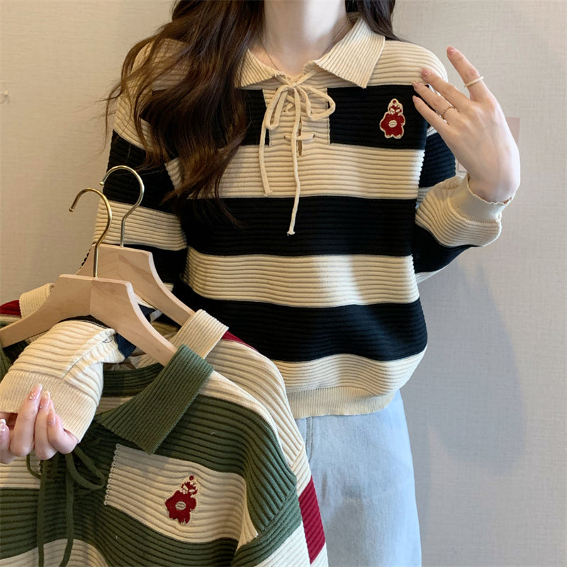 Daisy Pocket Pattern Striped Collar Sweater - Y2K Aesthetic Cute Top for Cozy Outfits